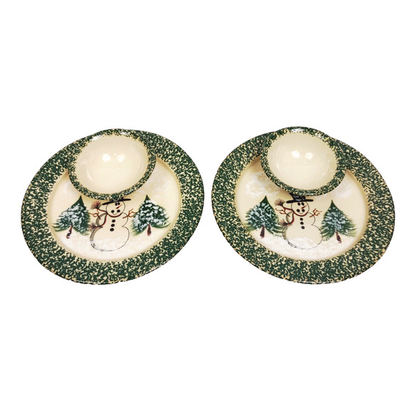 2 Handmade Chip & Dip Plates Snowman & Pines Patton Pottery White & Green 7.5" - Picture 2 of 6